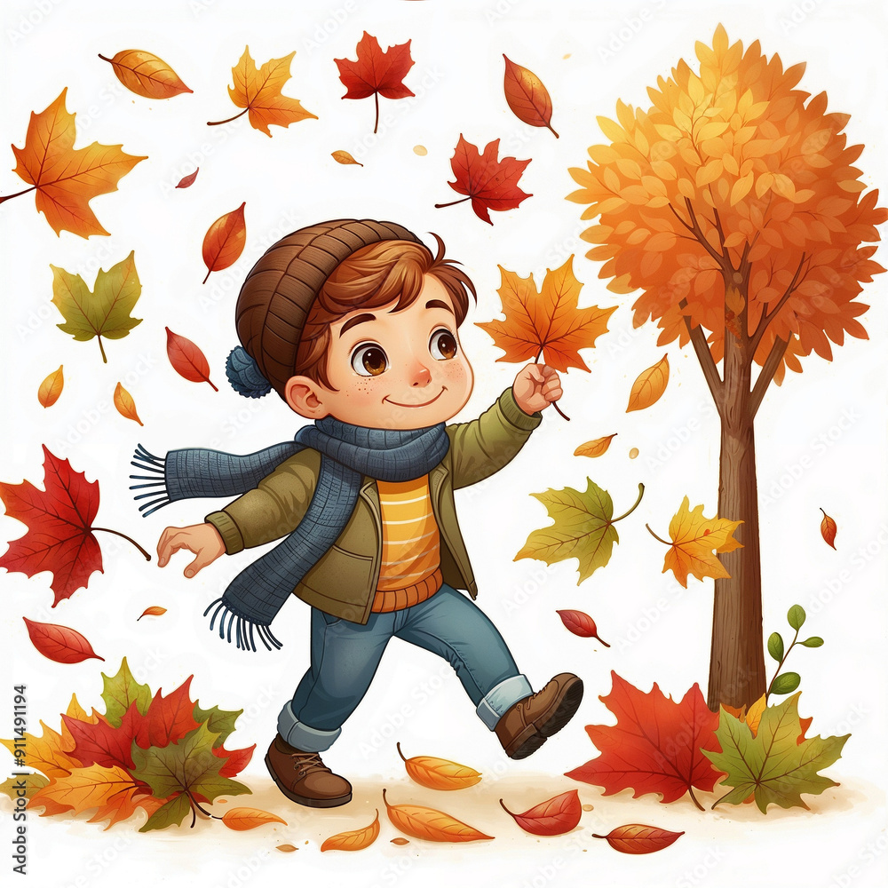 Wall mural Cute cartoon child with autumn leaves on white background. AI