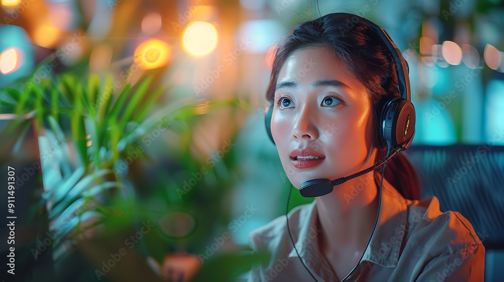 Wall mural A focused customer service agent, wearing a headset and addressing a complaint over the phone, in a cozy office setting. The background includes plants and soft lighting,