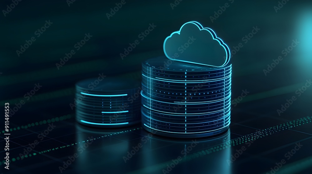 Poster digital cloud storage concept. stack of server data and cloud icon. abstract technology background f