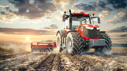 A modern tractor skillfully plows a field under a stunning sunset, creating dust clouds that dance in the warm light of the evening