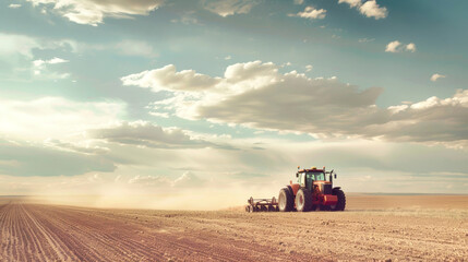 Fototapeta premium A sleek tractor diligently plows the fertile earth, stirring dust clouds against a stunning backdrop of a vibrant sky