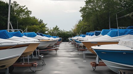 Fototapeta premium Speedboats on Truck Planters in Yacht Storage, White and Blue Covers