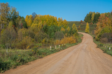 Rural dirt road in autumn. In autumn, trees with yellowed leaves grow along the country road. Trees with yellow leaves and a blue sky. Traveling by car in rural areas.
