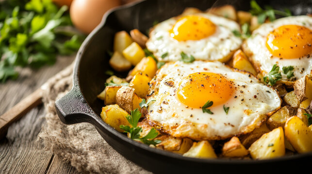 Golden-brown eggs sizzling on a bed of crispy potatoes, served up warm on a cozy wooden table.