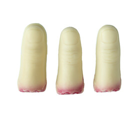 Three fingers of white chocolate with red.