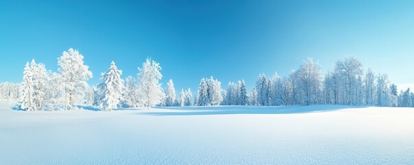 Serene winter landscape featuring a blanket of snow and frost-covered trees under a clear blue sky.