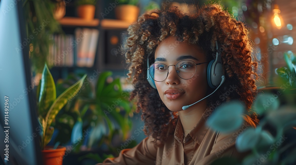 Canvas Prints A focused customer service representative, with a headset, working intently on a computer to solve a problem, in a cozy office setting. The background includes plants and soft lighting,