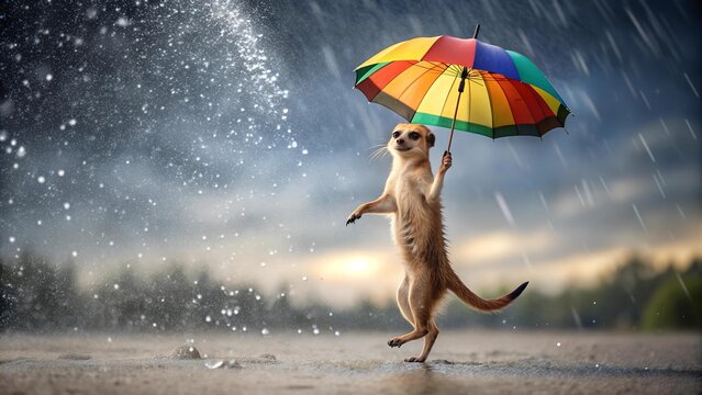 A Splash of Joy: A Playful Meerkat and a Colorful Umbrella Under a Drizzling Sky  Generative AI