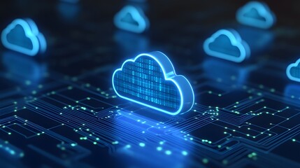 Digital cloud technology concept with glowing cloud icons and circuit board background, representing data storage and computing.
