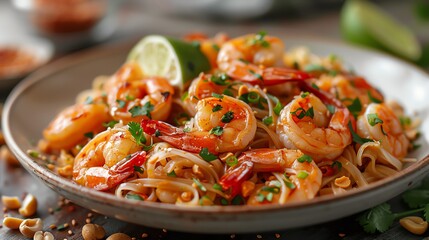 Shrimp Pad Thai with lime and peanuts, white background, closeup