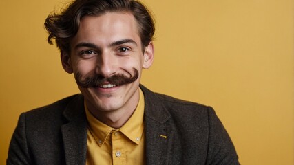 Obraz premium Gentleman with retro moustache, portrait on background. Space for text, man smiling. Barbershop concept,