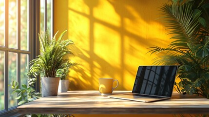 Seamless Transition Vibrant Morning Scene of Breakfast Table, Laptop, and Coffee for Daily Routines and Remote Work Tasks