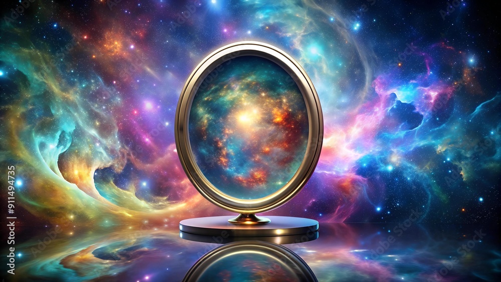Wall mural celestial reflection: a generative crystal mirror in the cosmic expanse generative ai