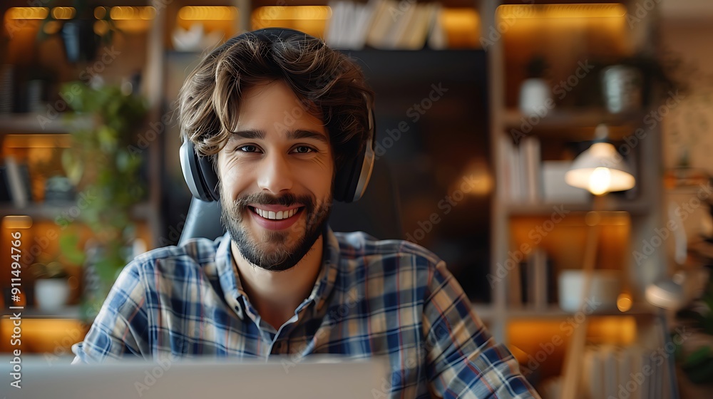 Canvas Prints A friendly customer service representative, typing a response in a live chat session, in a comfortable, home office setting. The background includes shelves with books and personal items,