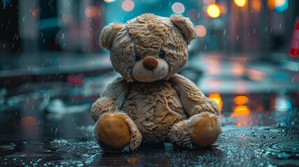 Lonely Teddy Bear in the Rain