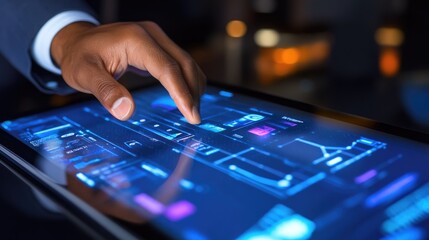 Close up businessman hand touching on screen of digital tablet