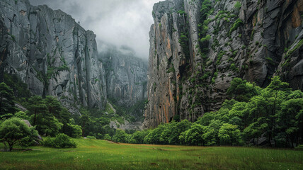 A box valley with towering granite cliffs and a lush, green meadow below