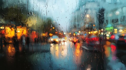 Obraz premium A Tranquil Ode to Rain: The Ethereal Symphony of Drizzling Peace Transforming the Cityscape into a Watercolor Dream