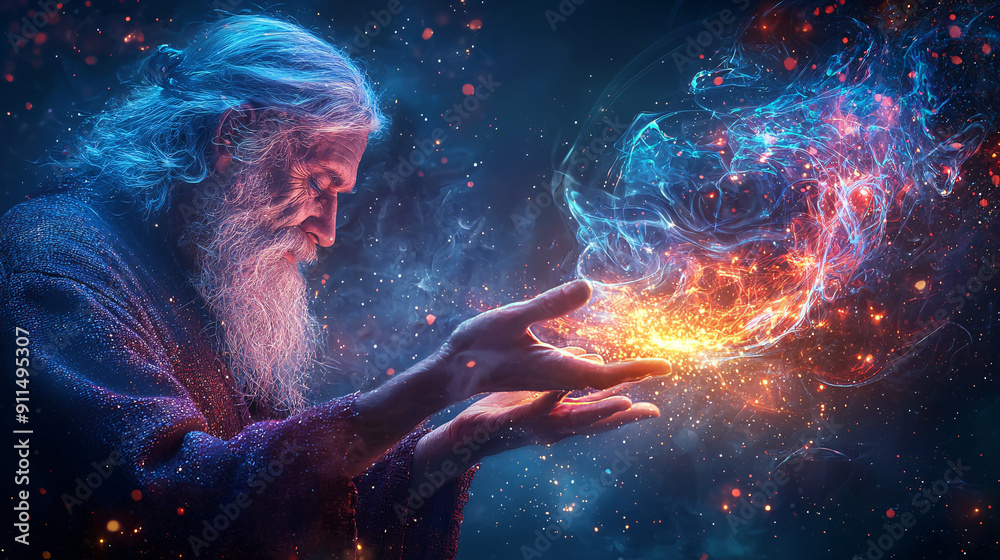 Wall mural a man in a robe holding a glowing orb in his hands. the image is a representation of a mystical figu