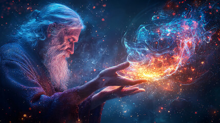 A man in a robe holding a glowing orb in his hands. The image is a representation of a mystical figure, possibly a wizard or a sage, holding a powerful object.