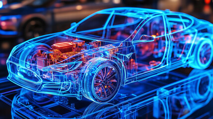 Obraz premium Car structure with blue hologram style showing visible components and control system, featuring an electric car with transparent glass and metal, illuminated interior lights, close-up view with high d