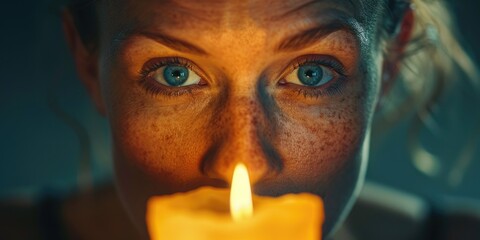 A woman holds a lit candle in front of her face, creating a dramatic and intimate atmosphere