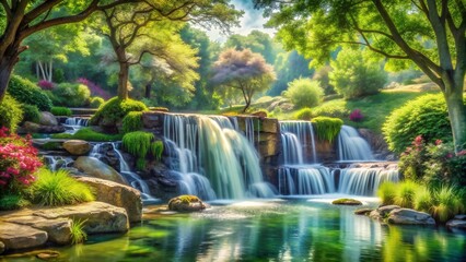 Obraz premium A Serene Symphony of Water and Stone: A Watercolor Depiction of a Waterfall Cascading Through a Lush Park AI Generated