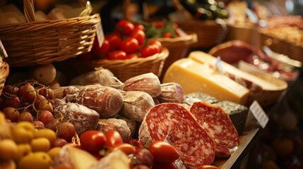 Assorted meats and cheeses at a deli counter