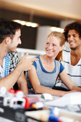 Fototapeta premium Teamwork, business people and laugh in conversation for startup, research and planning with ideas. Office, joke and social media staff with discussion for schedule, collaboration and creative agency