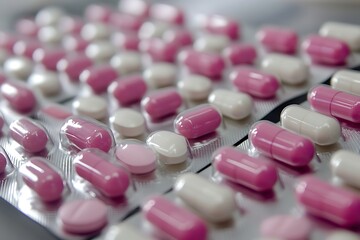 Macro Shot of White and Pink Pills Organized in Divided Boards for Pharmaceutical Use