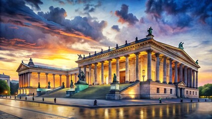 Fototapeta premium The Old Museum in Twilight's Embrace: A Watercolor Impression of Berlin's Architectural Gem AI Generated