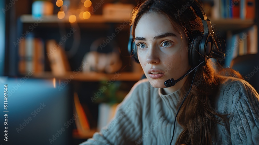 Wall mural A home-based customer service representative, wearing a headset, receiving a phone call with a concerned look in a comfortable home office setting.