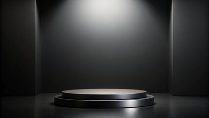 Fototapeta premium Black podium or pedestal display on dark background with long platform. Blank product shelf standing backdrop. 3D rendering. 
