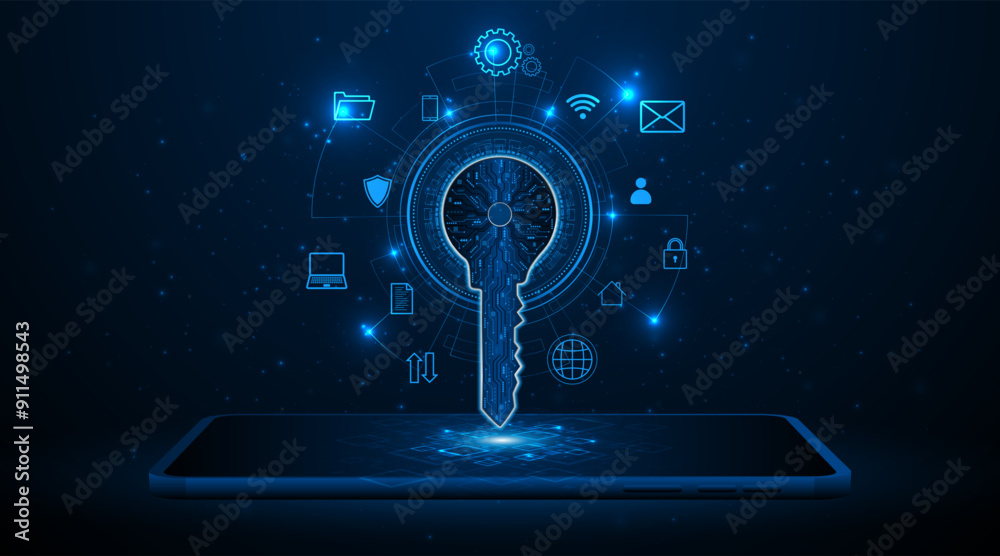Fototapete Technology circuit board key icon. Concept of smartphone or tablet security and cyber data protection and privacy. Innovative concept of advanced safety technology
