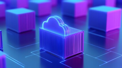 Fototapeta premium Futuristic cloud computing concept with digital cloud icon and data storage container in neon light. Technology and innovation.