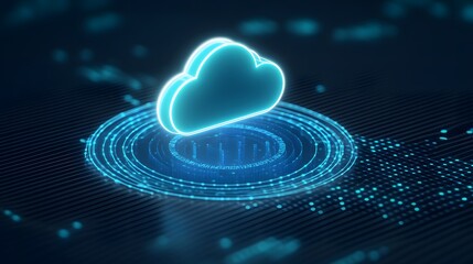 Futuristic cloud computing concept with digital cloud icon over a virtual grid, representing data storage and technology solutions.