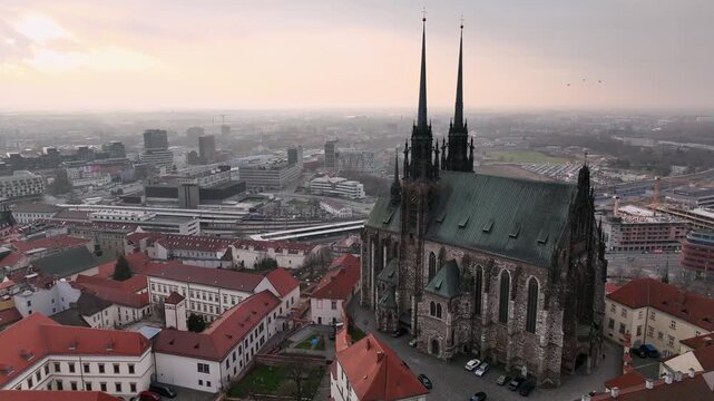 Aerial view of a church in the city of Brno in the Czech Republic