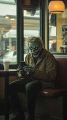 Person mit Halloweenmaske in einem Café mit Handy