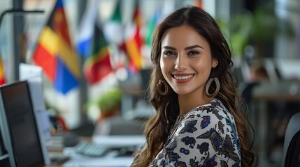 A smiling customer service representative, typing in multiple languages with country flags on their desk, in a well-lit, modern office space. The background features stylish decor and large windows,
