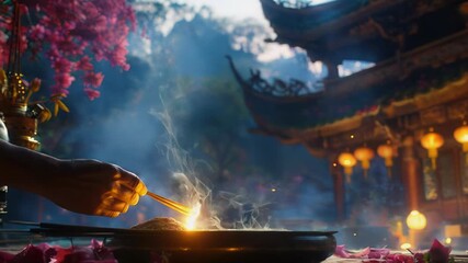 A hand lights incense at a historic temple surrounded by blooming flowers as evening sets in, creating a serene atmosphere filled with smoke and tradition