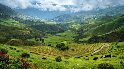 A panoramic view of a box valley with terraced fields and grazing cattle