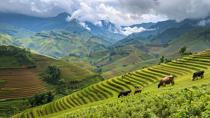Fototapeta premium A panoramic view of a box valley with terraced fields and grazing cattle