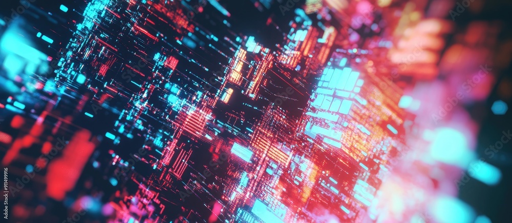 Poster 3d rendering of technology themed text with visual glitches and screen interference effects