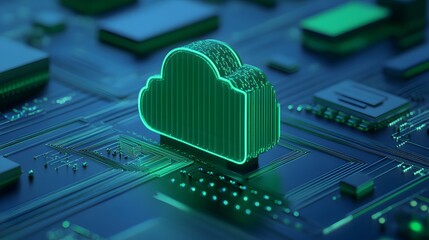 Futuristic cloud computing technology backdrop showcasing digital transformation and data storage in a vibrant green hue.