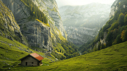 A serene box valley with a small wooden cabin nestled against one of the valley walls