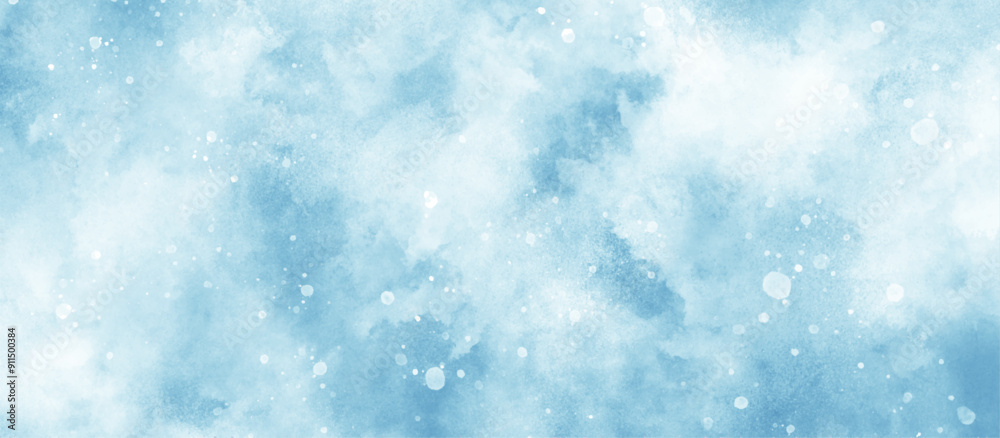Wall mural light blue bokeh background for design, abstract blue background with snowflakes floating randomly, 