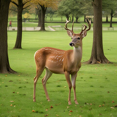 Naklejka na ściany i meble Deer animals park in tree green grass landscape yellow leaf naturel view tree background,