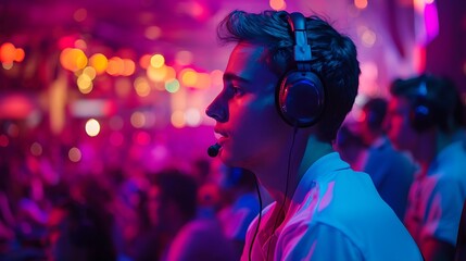 Naklejka premium Customer service agents, wearing headsets, assisting guests at a live event, with a lively concert scene in the background. The atmosphere includes energetic crowd and colorful lights,