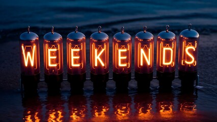 A vibrant 'Weekends' message in Nixie tubes against the twilight sky on a beach