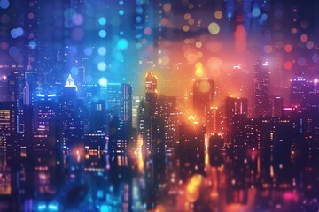 Obraz premium A cityscape with a bright blue sky and a city with a lot of lights